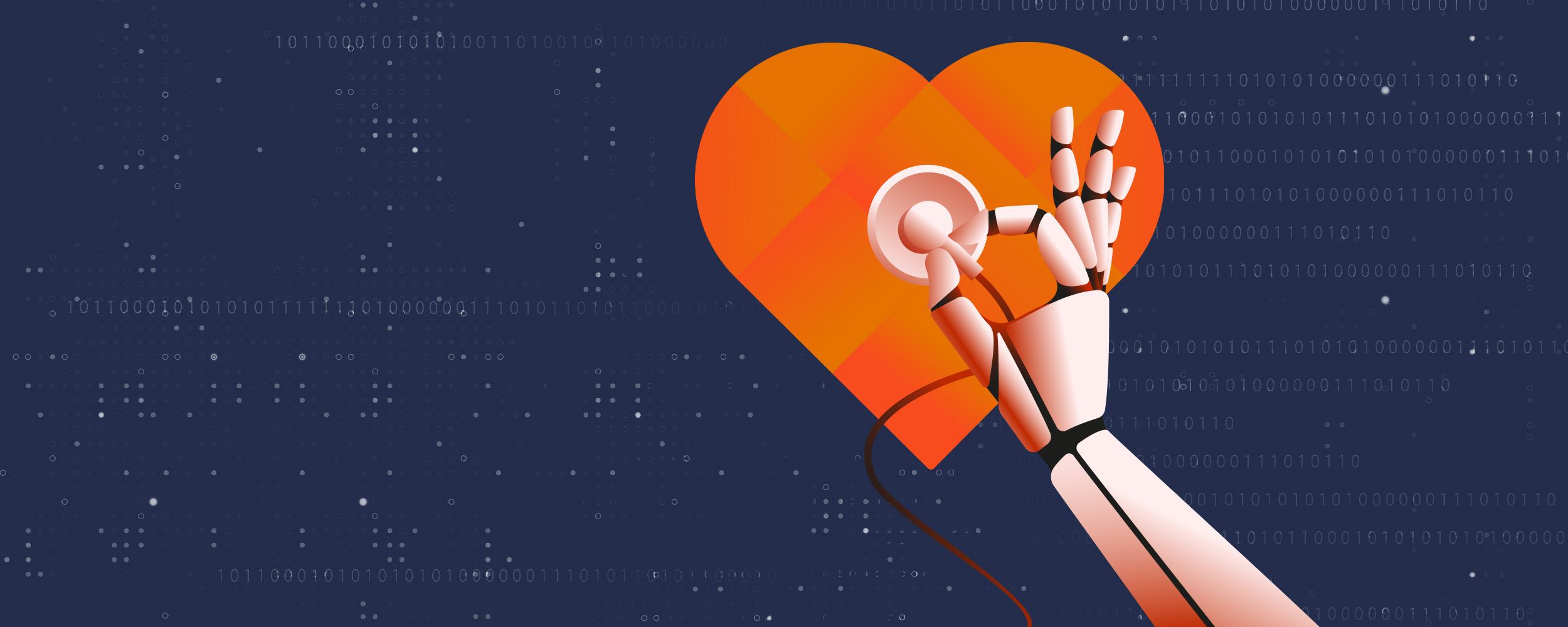 A robot hand holding a stethoscope to a heart